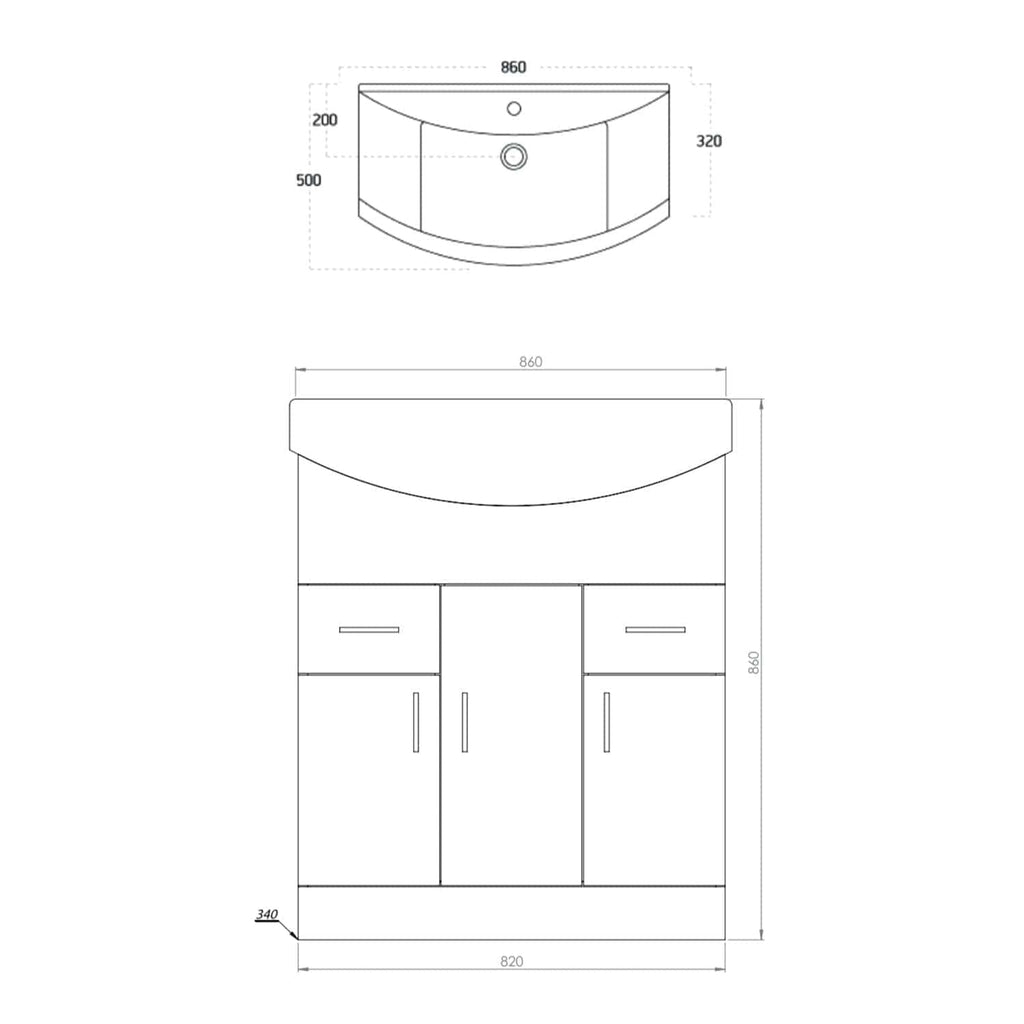 Modern bathroom vanity unit with curved basin, sleek cabinet storage, and precise measurements for custom bathroom design. Perfect for contemporary bathroom renovations and fittings.