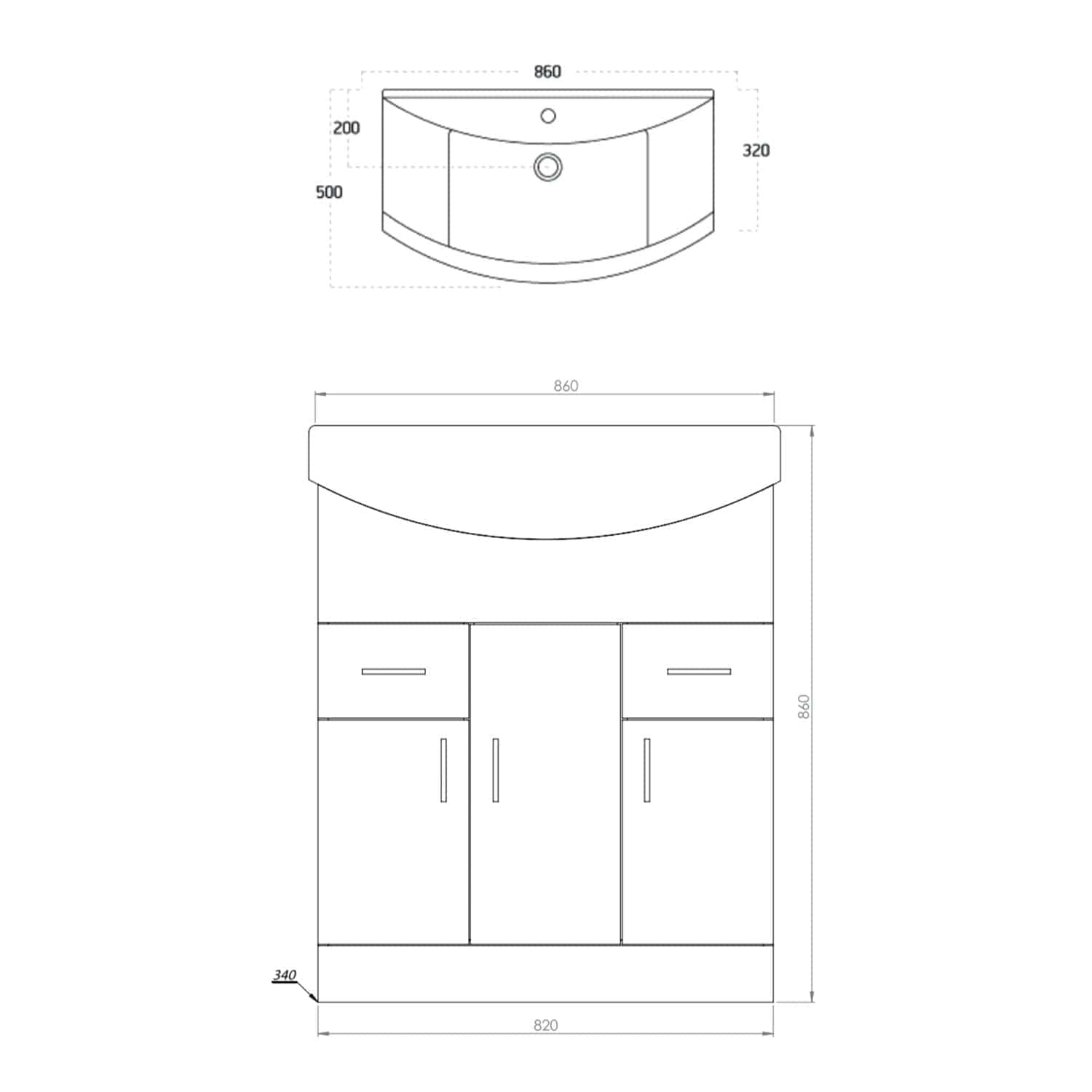 Modern bathroom vanity unit with curved basin, sleek cabinet storage, and precise measurements for custom bathroom design. Perfect for contemporary bathroom renovations and fittings.
