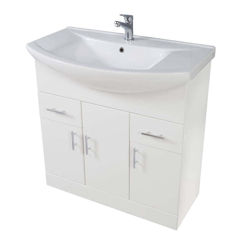 White bathroom vanity with integrated sink, storage cabinets, and chrome handles, ideal for modern bathroom designs. Durable and space-saving, perfect for contemporary home bathrooms.
