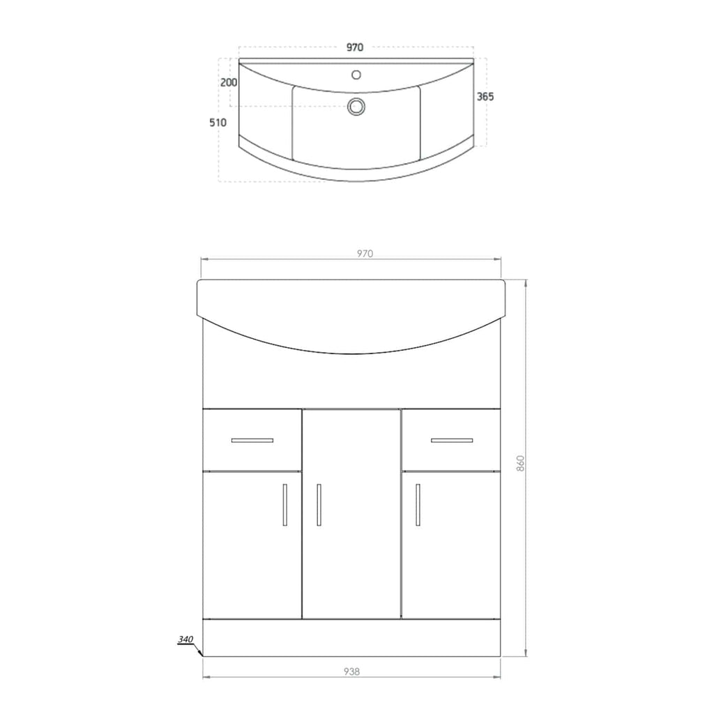 Modern curved bathroom vanity with sink, storage cabinets, and sleek design, ideal for contemporary bathrooms. Measurements are 970mm wide by 860mm high, perfect for stylish bathroom updates.
