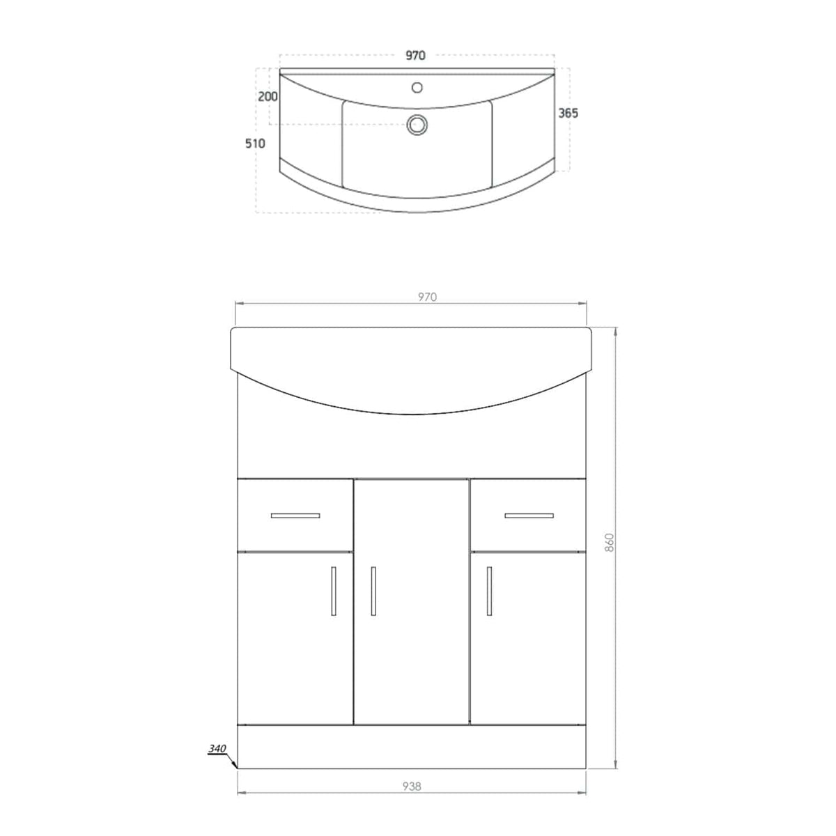 Modern curved bathroom vanity with sink, storage cabinets, and sleek design, ideal for contemporary bathrooms. Measurements are 970mm wide by 860mm high, perfect for stylish bathroom updates.