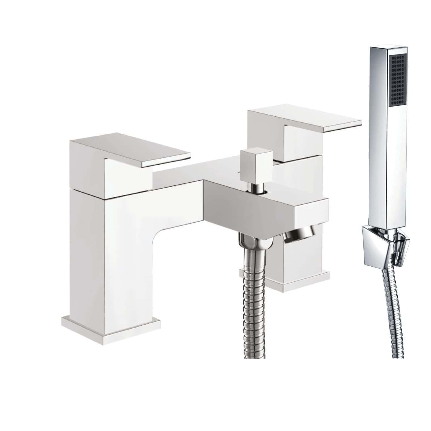 Contemporary white bathroom tap with a modern square design, including a handheld showerhead attachment and flexible hose, perfect for stylish and functional bathroom updates.