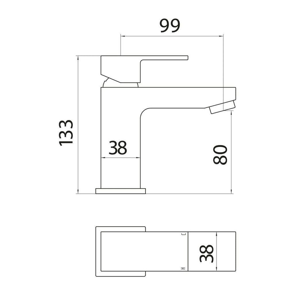 Contemporary bathroom basin tap with detailed technical drawing, measurements for installation, and modern sleek design, ideal for stylish bathroom renovation projects.