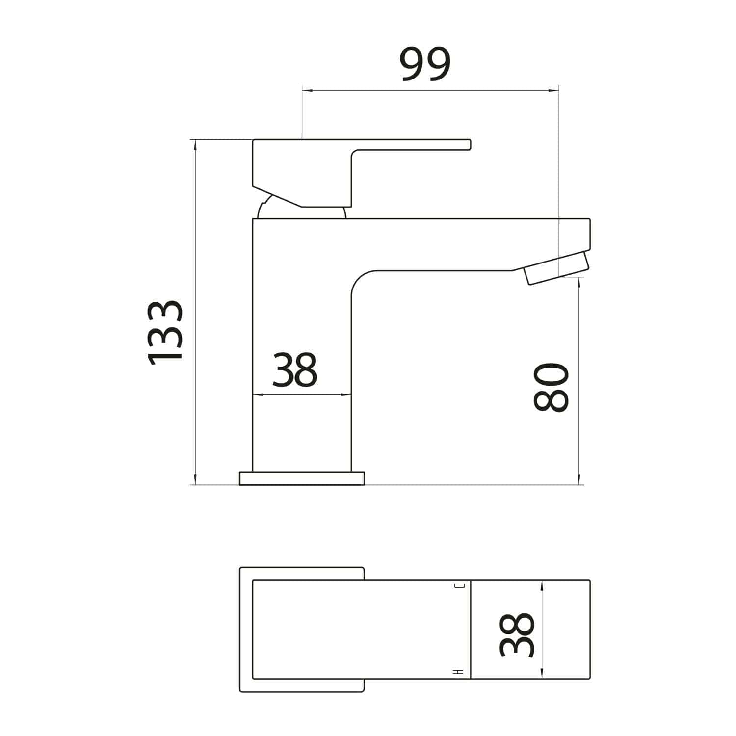 Contemporary bathroom basin tap with detailed technical drawing, measurements for installation, and modern sleek design, ideal for stylish bathroom renovation projects.