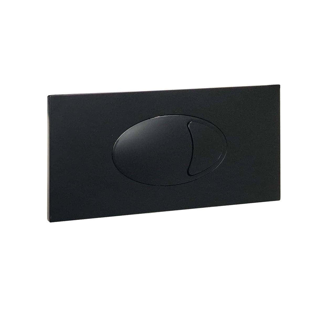Black modern toilet flush plate for Bubly Bathrooms, sleek wall-mounted design, easy to use dual-flush system, ideal for contemporary bathroom renovations and water-saving solutions.