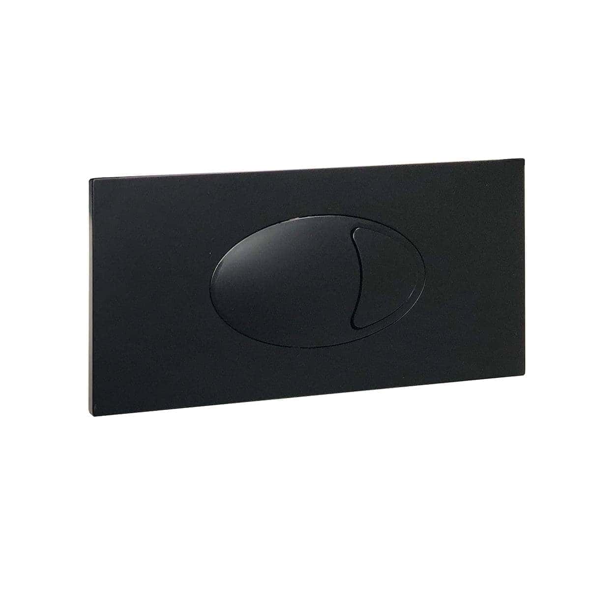 Black modern toilet flush plate for Bubly Bathrooms, sleek wall-mounted design, easy to use dual-flush system, ideal for contemporary bathroom renovations and water-saving solutions.