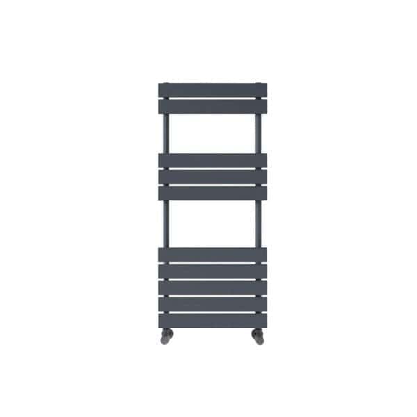 Industrial grey bathroom radiator with castor wheels on a plain white background, designed for modern heating and towel drying.