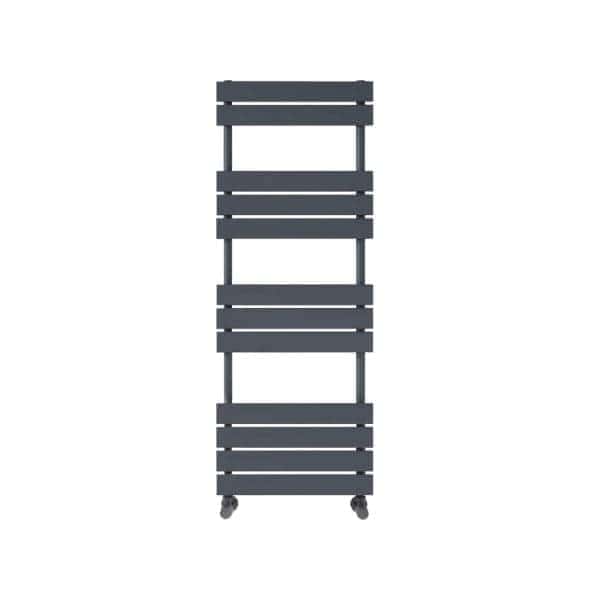 Dark grey bathroom radiator towel warmer with multiple horizontal bars and wheels for mobility, ideal for contemporary bathroom decor and effective towel drying.