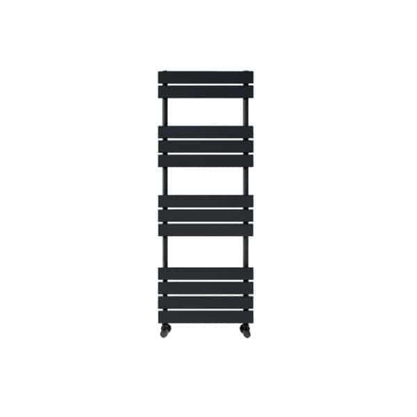 Black heated towel rail with modern design, ideal for bathrooms to dry and warm towels, adding style and functionality to your space. Perfect for contemporary bathroom interiors.