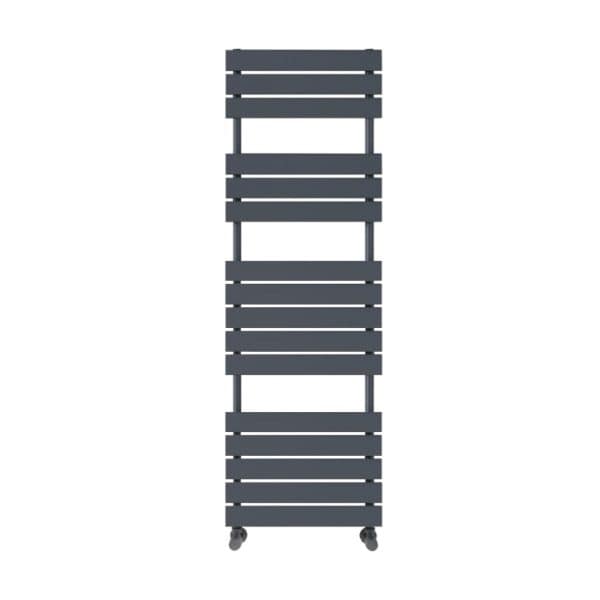 Black heated towel rail with wheels, modern bathroom radiator in sleek design.