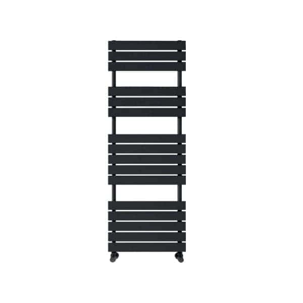 Black heated towel radiator with multiple horizontal bars on a white background, ideal for modern bathroom heating and towel drying solutions.