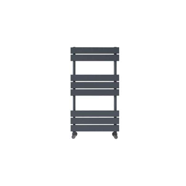Silver metal bathroom radiator on wheels, modern heated towel rail, space-saving design, suitable for contemporary bathrooms.