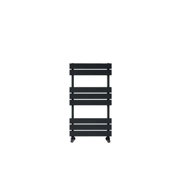 Black heated towel rail for bathroom heating and drying towels, modern stainless steel design, freestanding with wheels, ideal for contemporary bathroom settings.