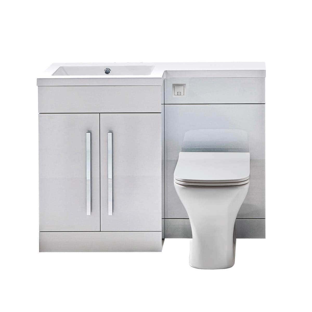 Sleek white bathroom vanity unit with integrated sink and modern toilet, perfect for contemporary bathrooms, offering stylish design and functional storage solutions.