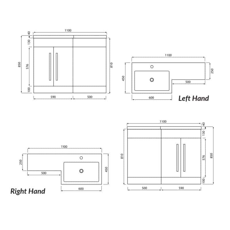 Precision bathroom cabinetry layout blueprints for Bubly Bathrooms, showcasing detailed measurements and designs for left and right-hand configurations, with focus on space efficiency and modern styling.