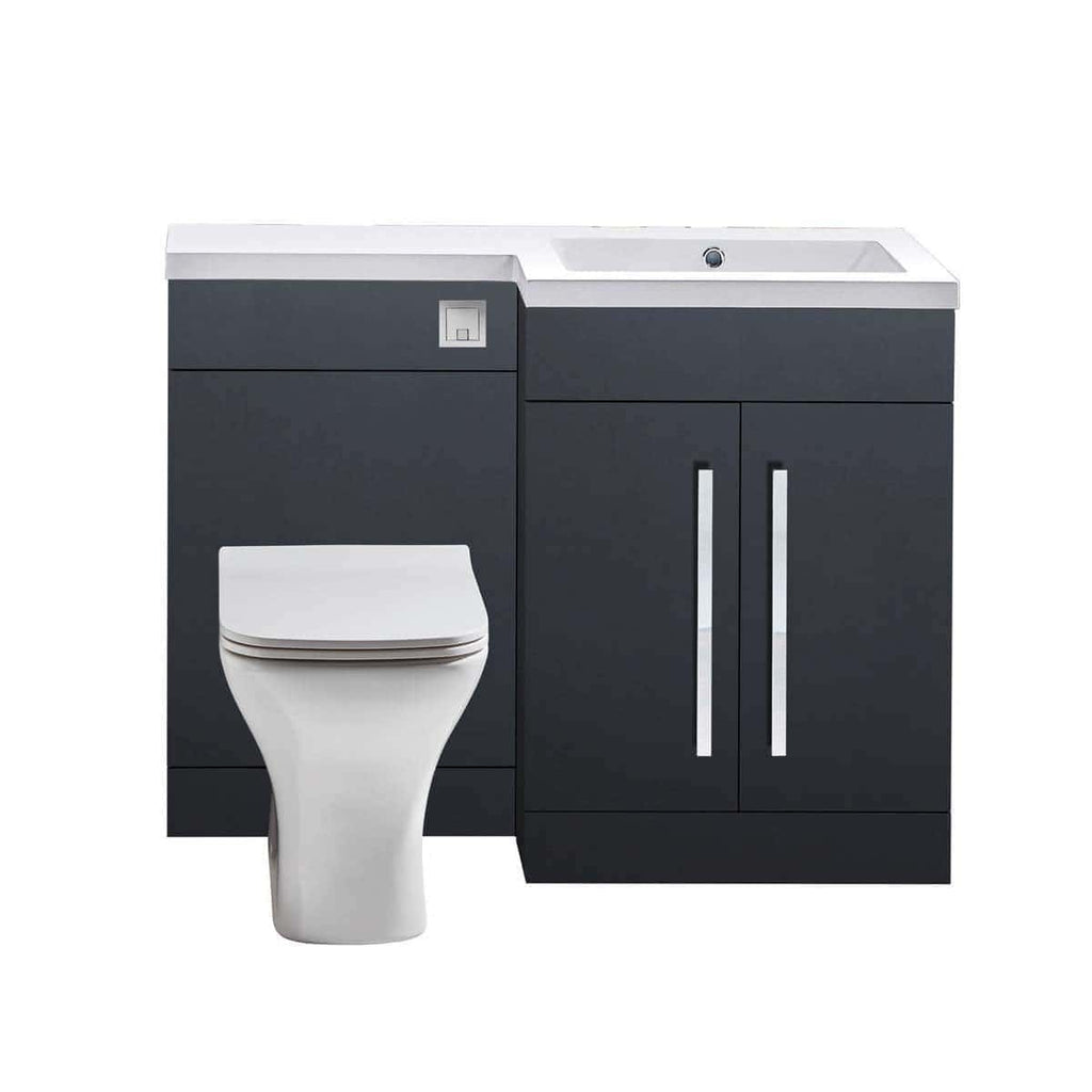 Modern bathroom furniture set with integrated toilet, sleek dark cabinetry, and a stylish basin, perfect for contemporary bathroom renovations and optimising space.