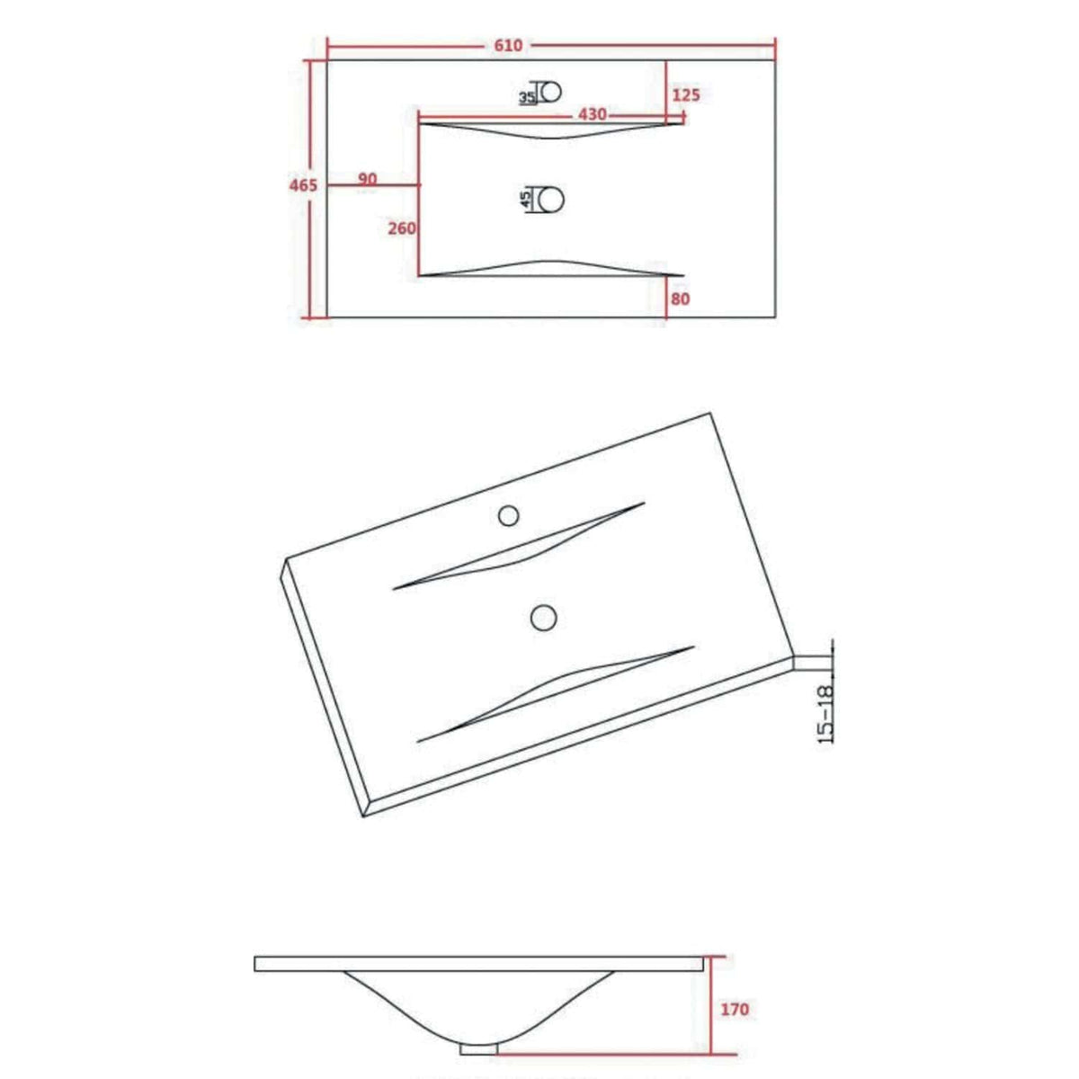 Two modern bathroom sink basin designs with detailed technical drawings, showcasing dimensions and installation specifications – ideal for bathroom renovation projects.