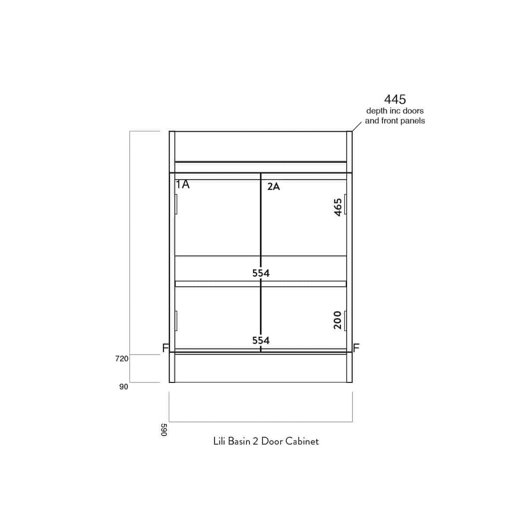 Contemporary bathroom storage cabinet with two doors, detailed technical drawing including measurements for optimal space utilisation, ideal for modern bathroom design.