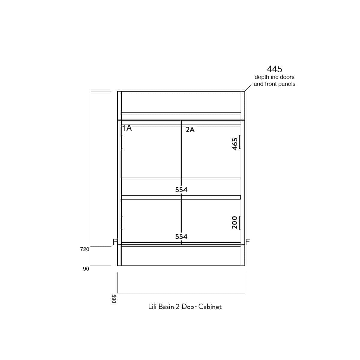 Contemporary bathroom storage cabinet with two doors, detailed technical drawing including measurements for optimal space utilisation, ideal for modern bathroom design.