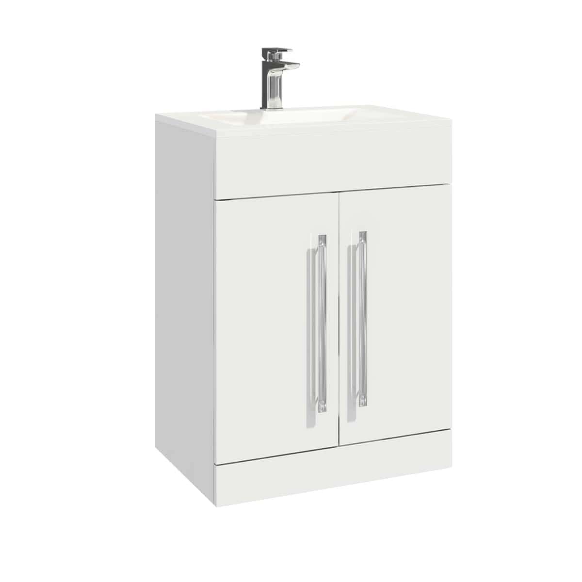 Modern white bathroom vanity unit with integrated sink and chrome handles, ideal for contemporary bathroom decor. Perfect storage solution for organising bathroom essentials.
