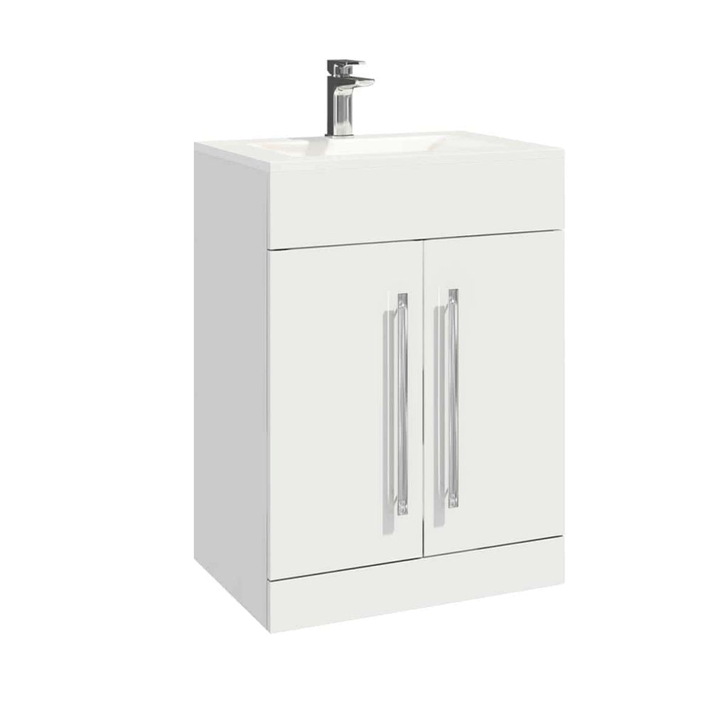 Modern white bathroom vanity unit with integrated sink and chrome handles, ideal for contemporary bathroom decor. Perfect storage solution for organising bathroom essentials.