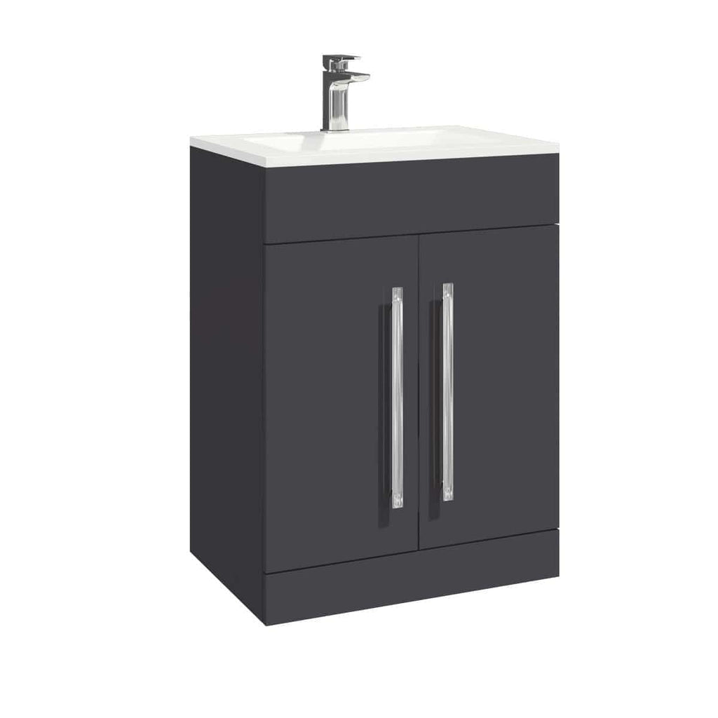 Sleek black bathroom vanity unit with integrated sink and modern chrome handles, ideal for contemporary bathroom designs. Durable, space-saving storage solution from Bubly Bathrooms.