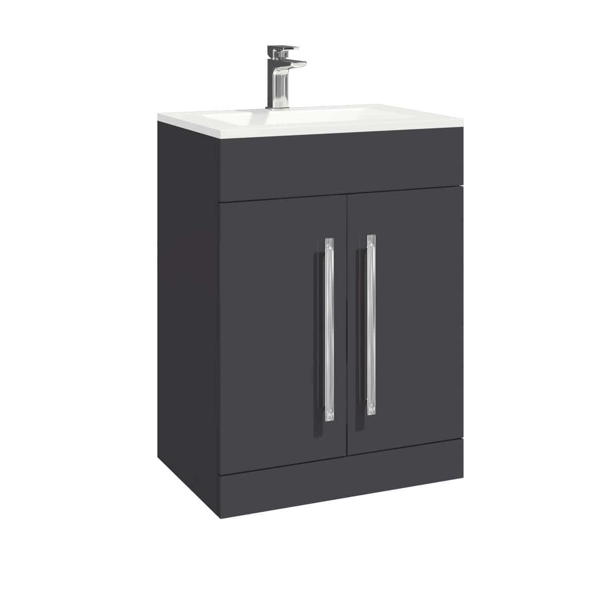 Sleek black bathroom vanity unit with integrated sink and modern chrome handles, ideal for contemporary bathroom designs. Durable, space-saving storage solution from Bubly Bathrooms.