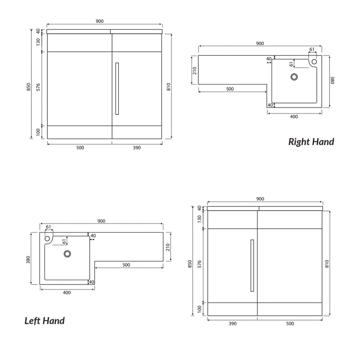Modern bathroom vanity cabinet with dimensions and plumbing layout, ideal for contemporary design. Complete with detailed measurements for precise installation and fitting in your bathroom space.