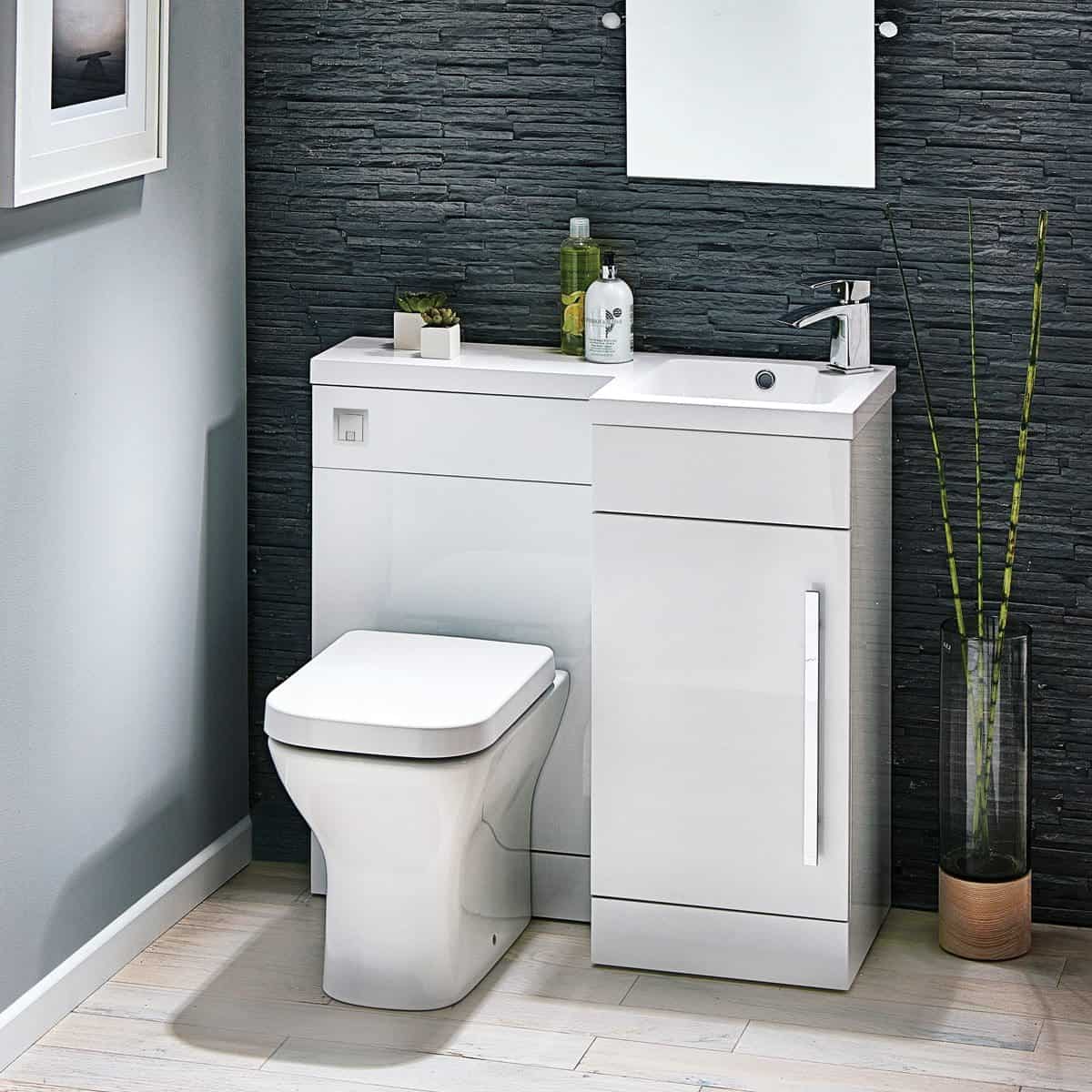 Sleek modern bathroom vanity with integrated sink and compact storage, featuring minimalist design perfect for enhanced bathroom functionality and contemporary aesthetics.