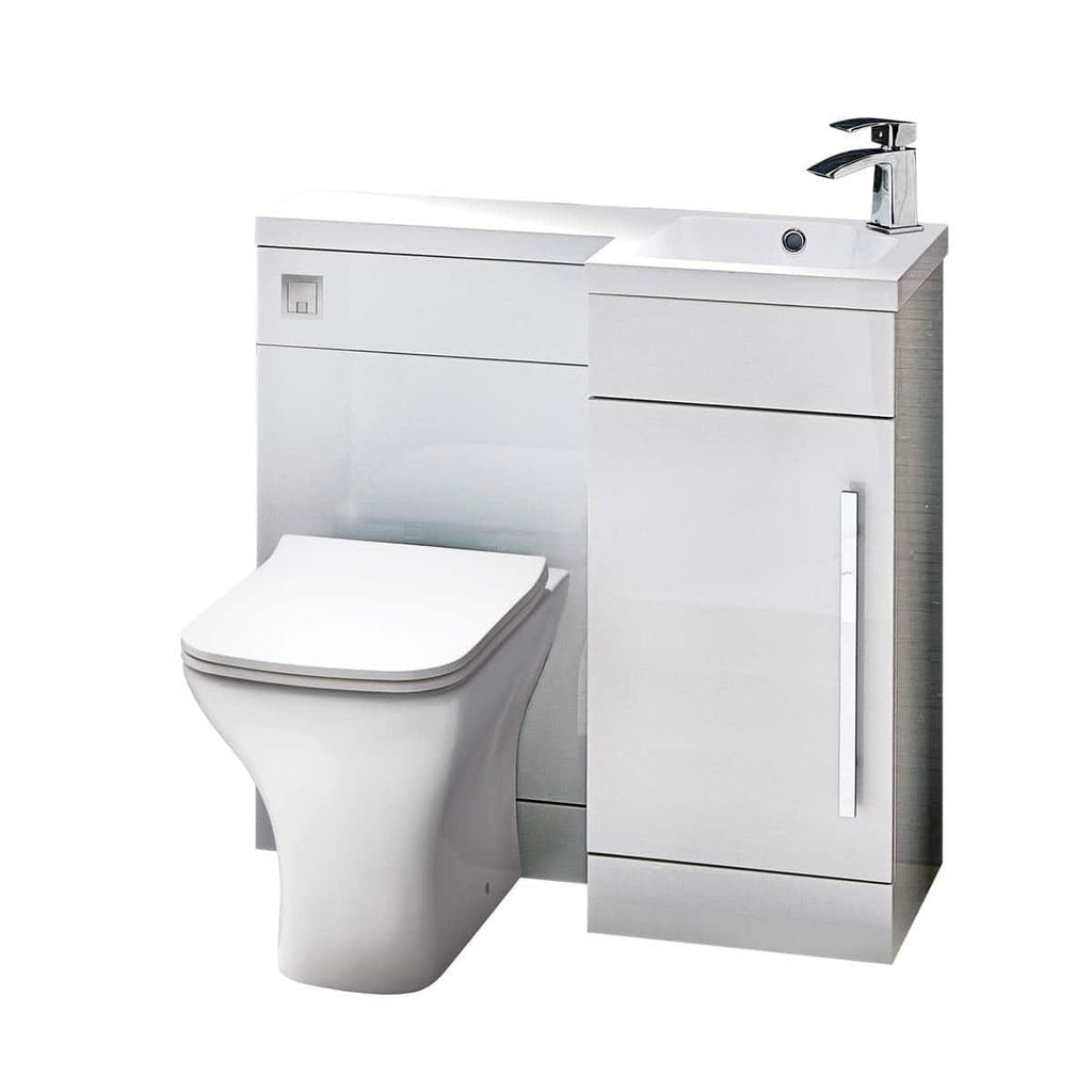 Contemporary white combination toilet and bathroom vanity unit with integrated sink and storage, perfect for modern bathrooms and space-saving bathroom designs.