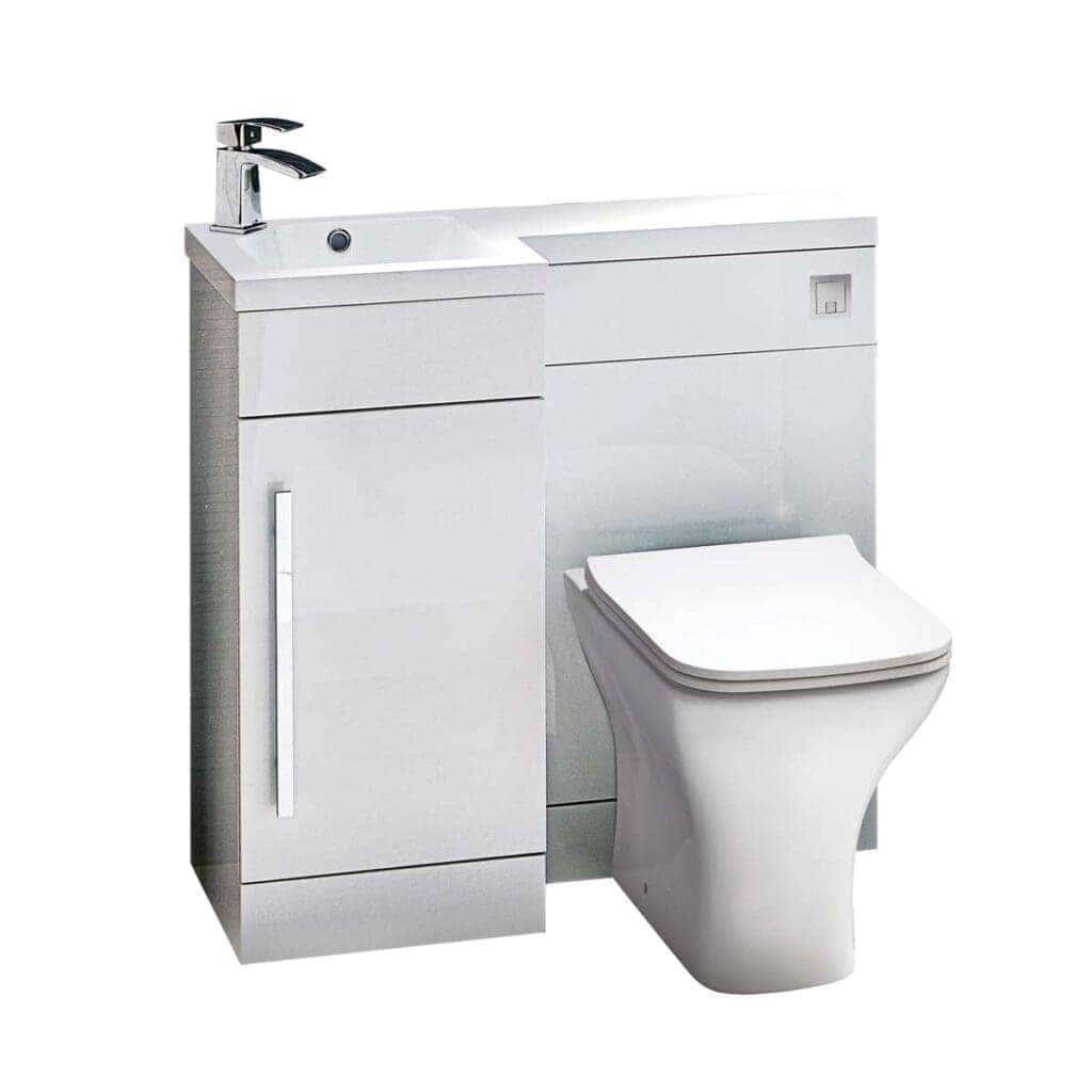 Modern white bathroom vanity unit with integrated sink and concealed toilet behind cabinetry, ideal for compact and functional Bubly Bathrooms installations.