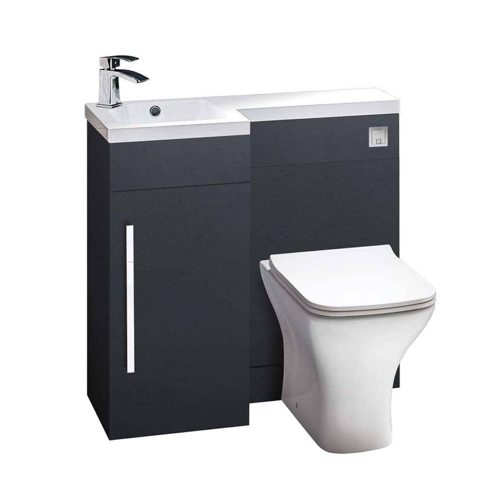 Modern bathroom vanity with integrated sink and toilet, sleek black cabinetry, ideal for contemporary Bubly Bathrooms designs. Perfect for space-saving and stylish bathroom upgrades.