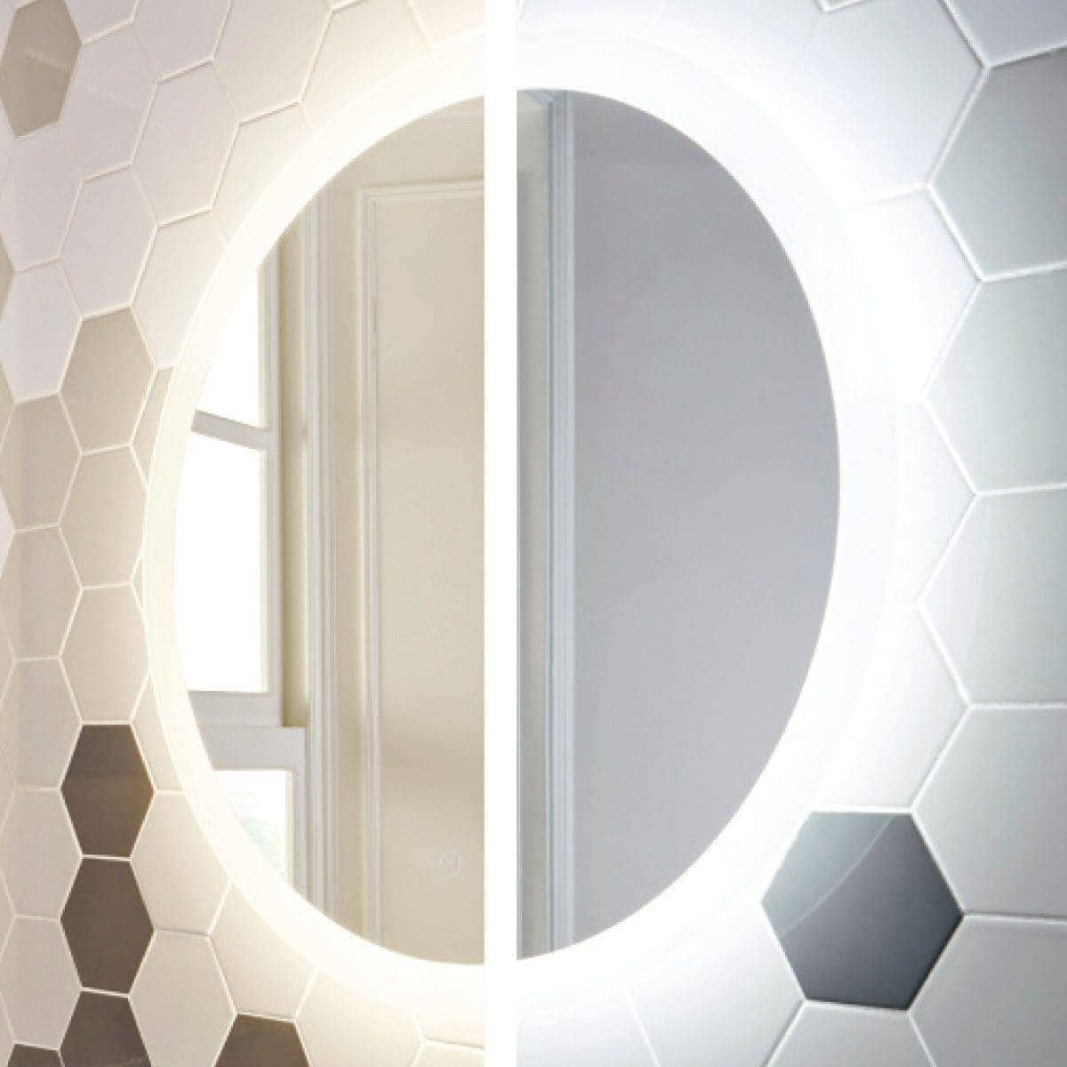 Bright illuminated round bathroom mirror with backlit LED and honeycomb wall tiles for modern bathroom decor. Reflects natural light, creating a spacious and stylish atmosphere. Perfect for contemporary bathroom design.