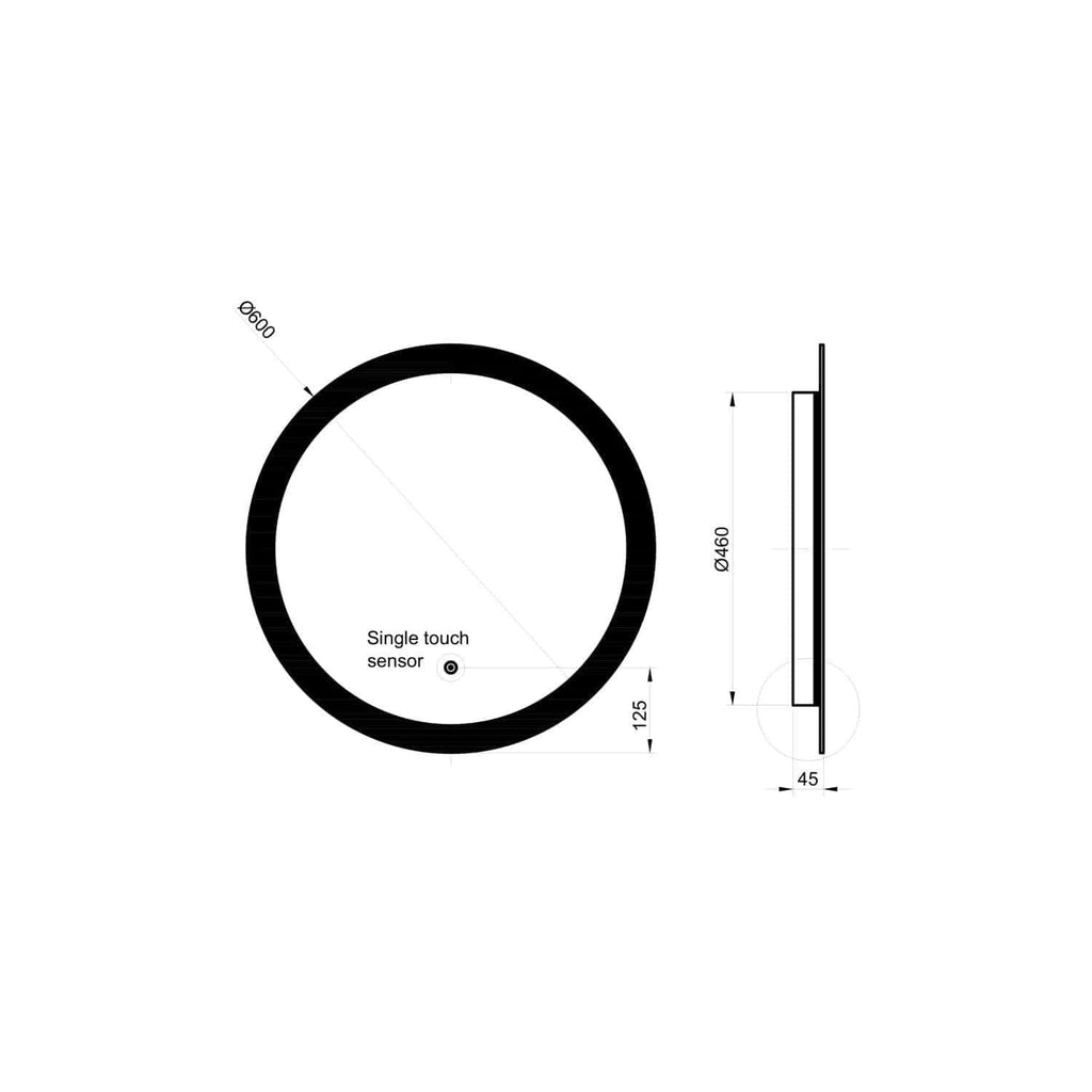 Round black touch sensor with diameter of 460mm and 600mm, featuring a sleek modern design for bathroom automation and convenience, includes single touch sensor technology.