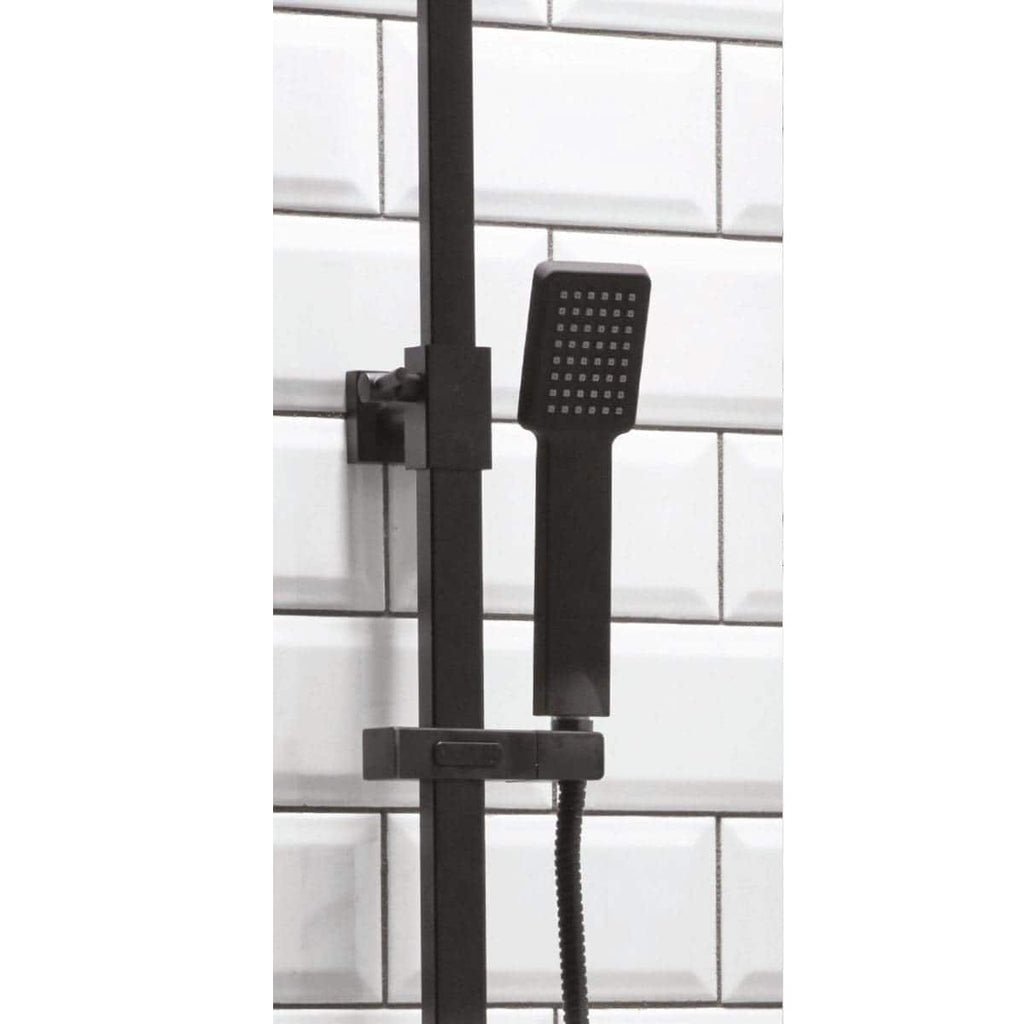 Handheld shower head mounted on a black rail in a modern bathroom with white subway tiles, designed for a luxurious and functional shower experience.