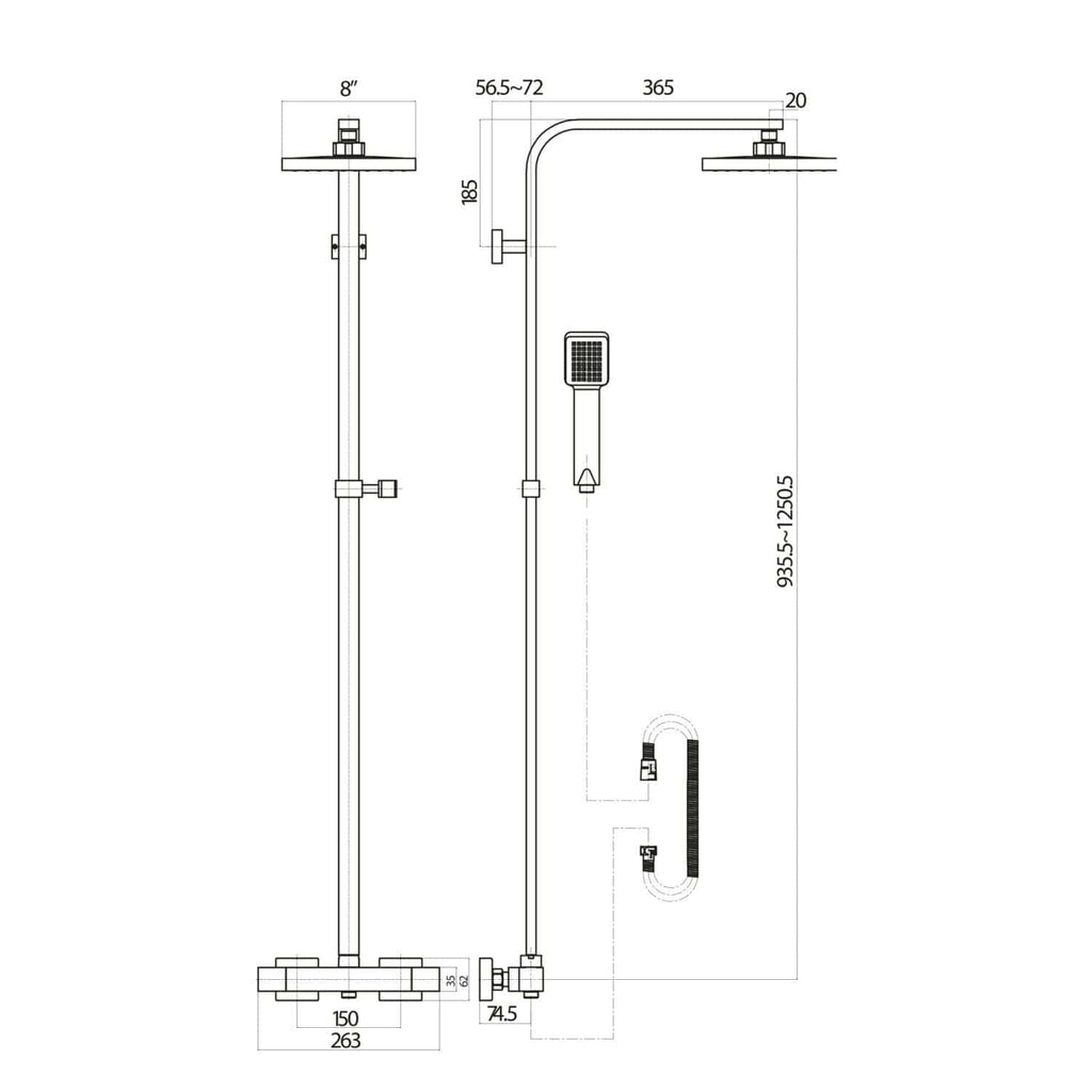 Extended bathroom shower system with rain shower head, handheld shower, and thermostatic mixer for luxurious shower experiences. Perfect for modern bathrooms.