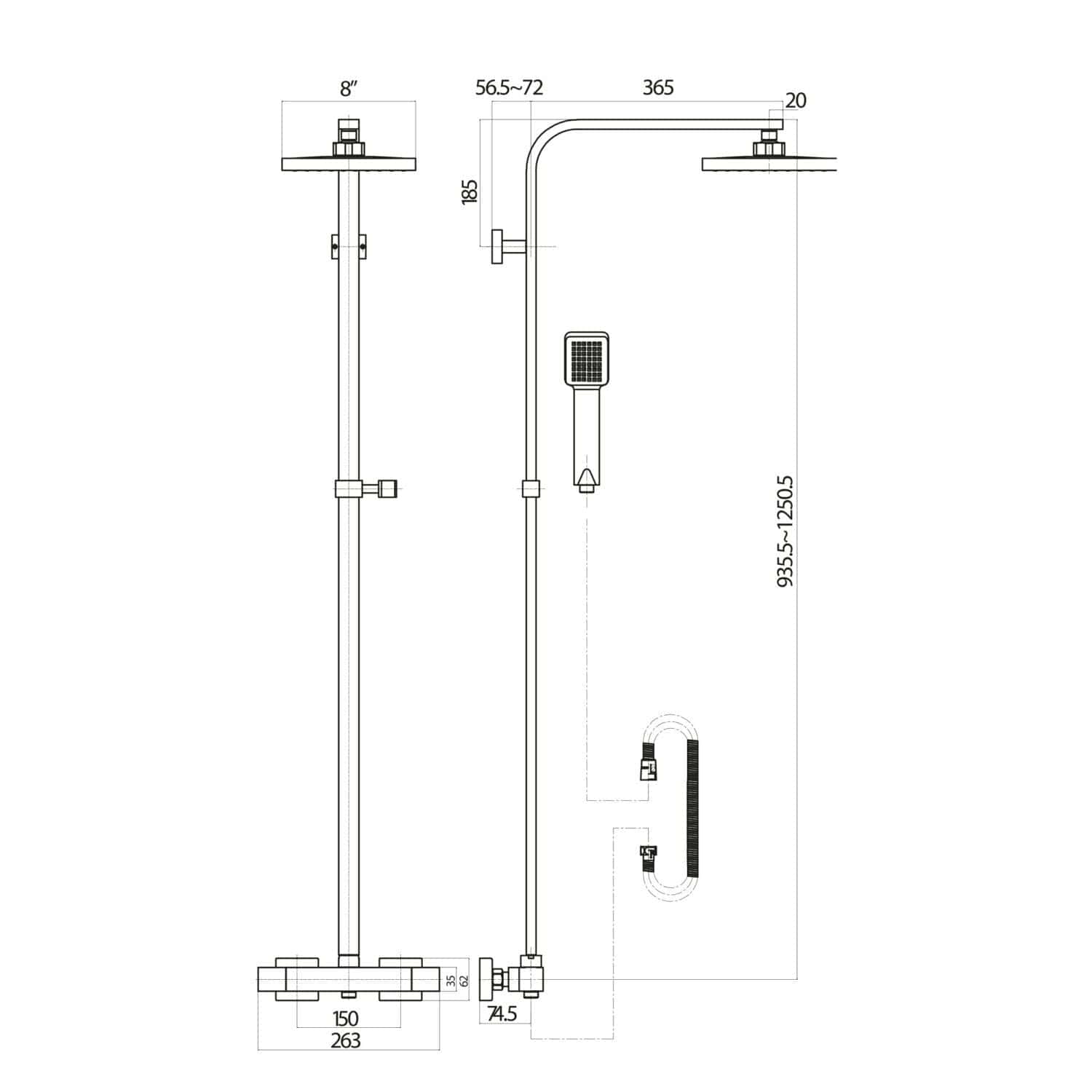Extended bathroom shower system with rain shower head, handheld shower, and thermostatic mixer for luxurious shower experiences. Perfect for modern bathrooms.