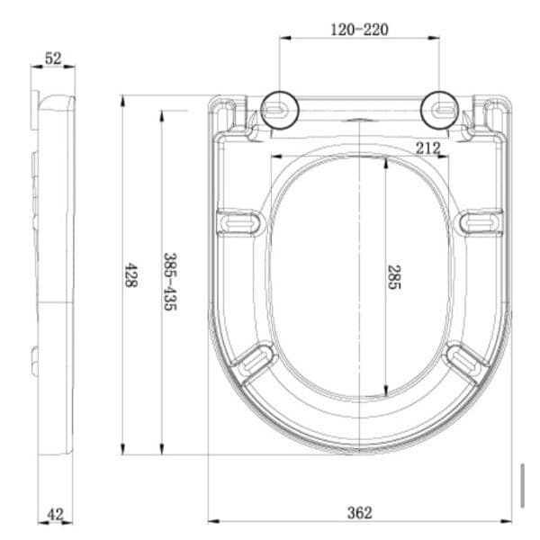 Aerial view of a modern toilet seat with detailed measurements and technical specifications for bathroom installations.