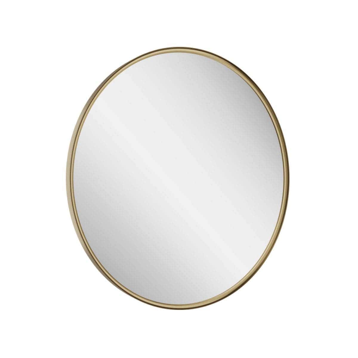Sleek round bathroom mirror with a gold frame, perfect for modern and elegant bathroom décor. Enhances lighting and space, ideal for bathroom interiors and vanity areas.