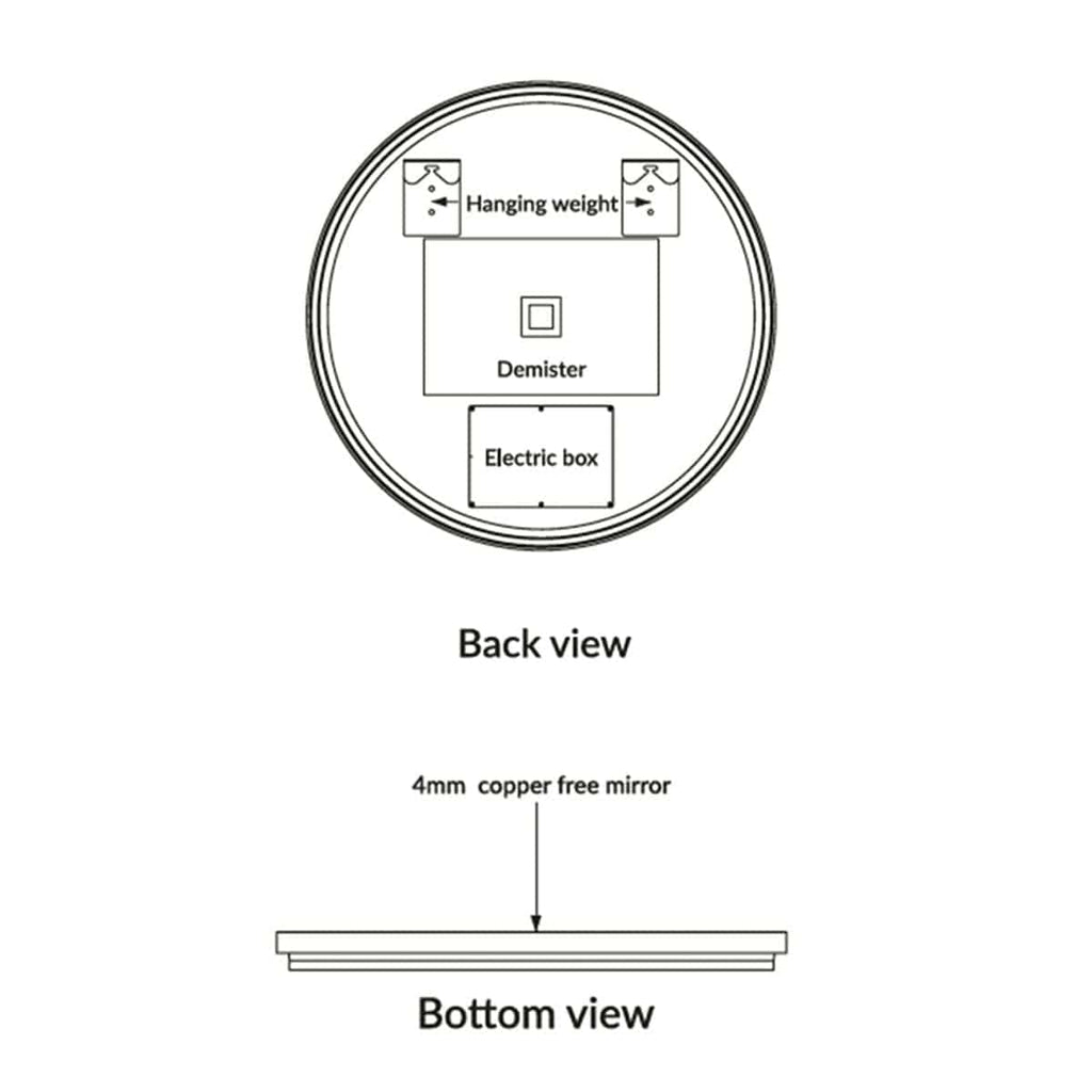 Close-up of a bathroom mirror mounting diagram with labels for demister, electric box, and hanging weights, ideal for bathroom renovation projects and safe installation tips.