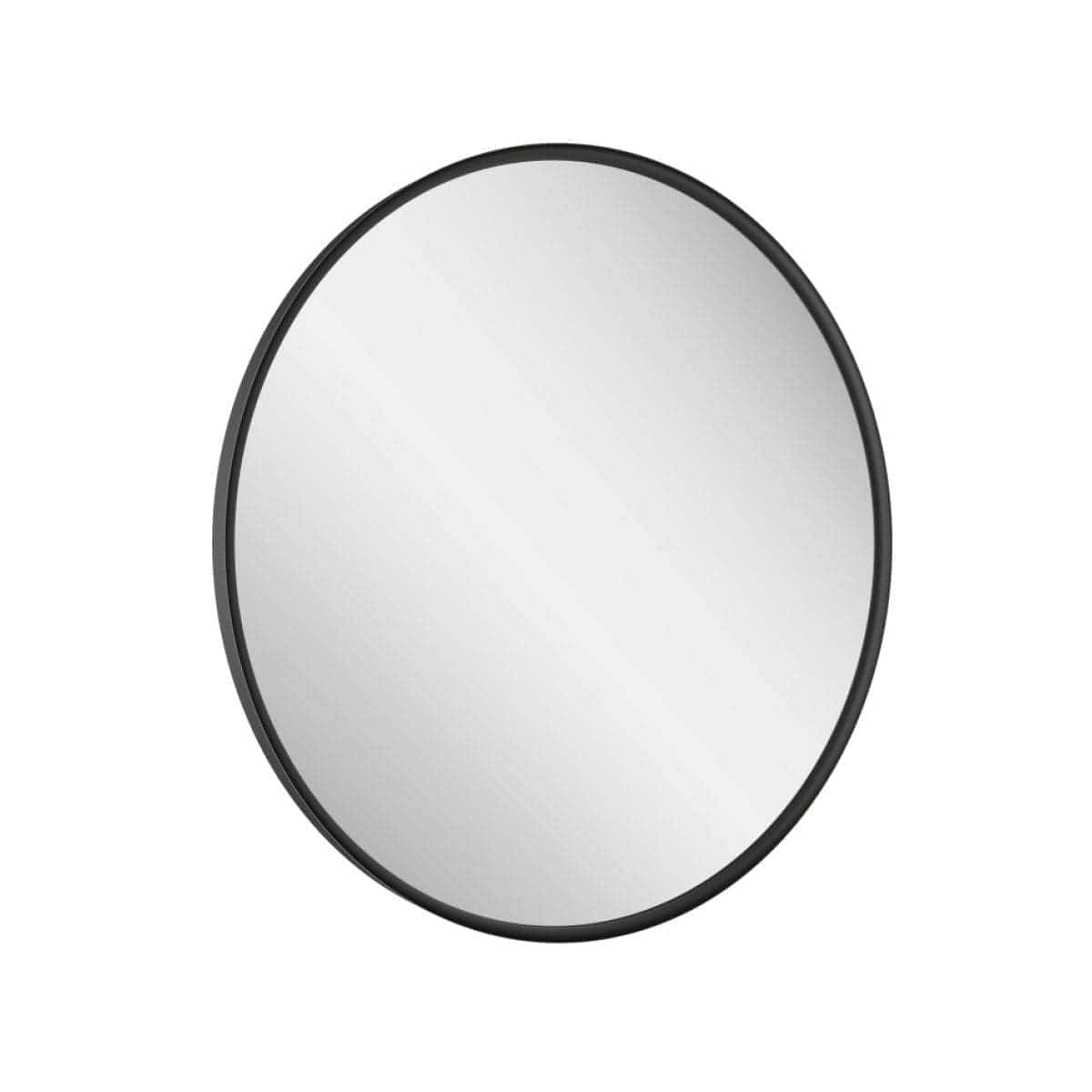 Sleek black-rimmed round bathroom mirror, ideal for modern bathroom decor and functional vanity use. Perfect for creating a spacious and stylish bathroom environment.