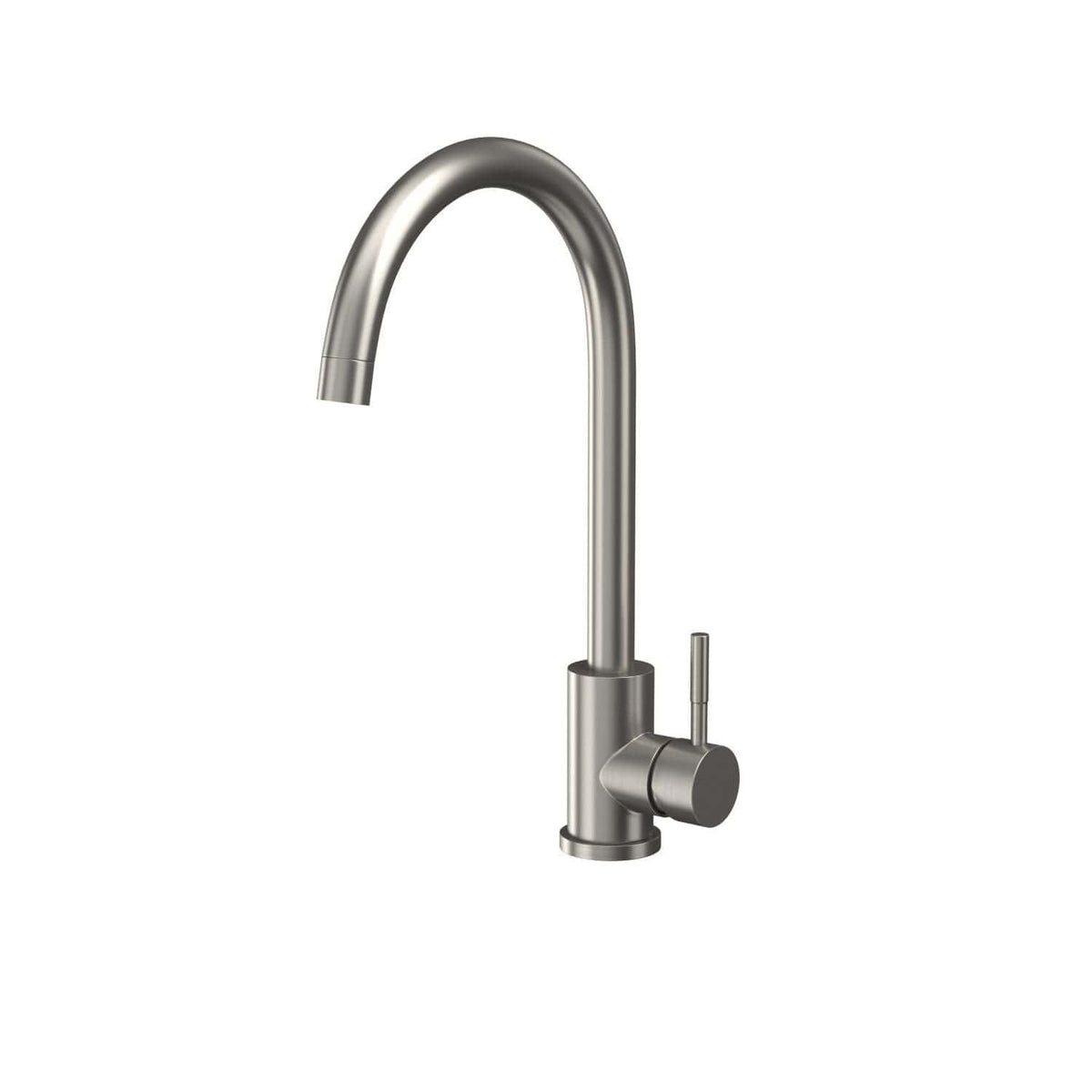 Stainless steel kitchen faucet with high-arc spout and single lever handle, ideal for modern bathroom or kitchen installations, offering durability and sleek design.
