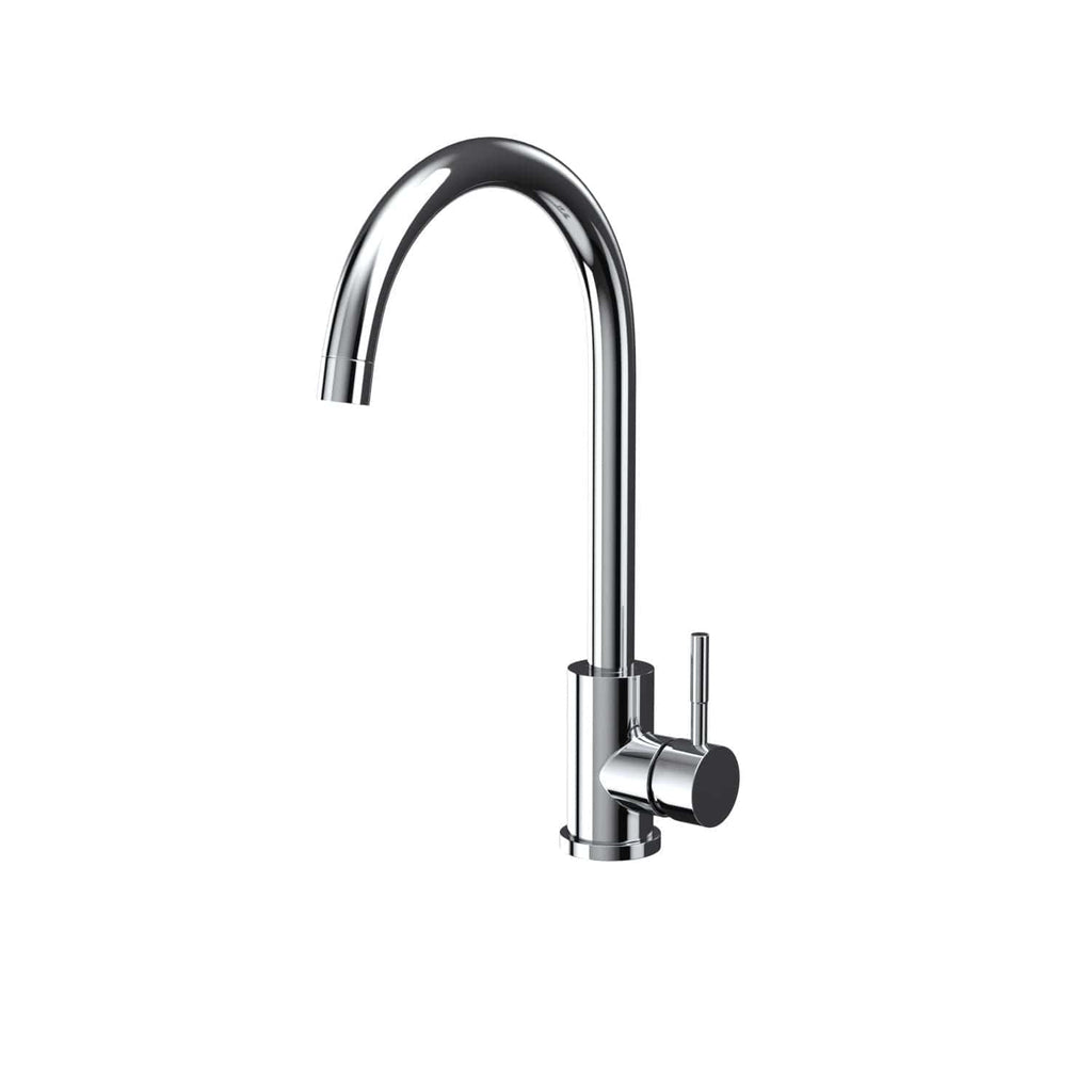 Sleek modern chrome kitchen tap with high-arc spout and single lever handle for stylish and functional bathroom or kitchen use.