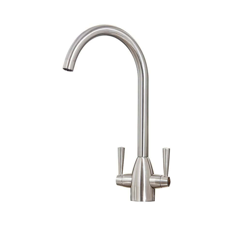 Stainless steel kitchen tap with high-arc spout and dual handles, ideal for modern bathroom or kitchen renovations. Durable, sleek design from Bubly Bathrooms.