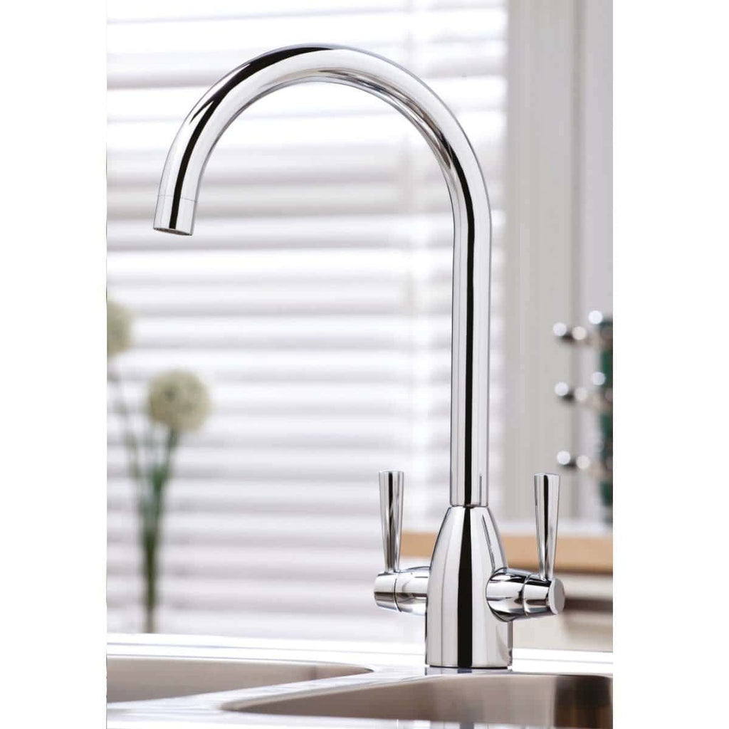 Sleek chrome kitchen sink tap with a high-arc spout, ideal for modern bathrooms and kitchens, providing durability and style. Perfect for contemporary bathroom renovation projects.