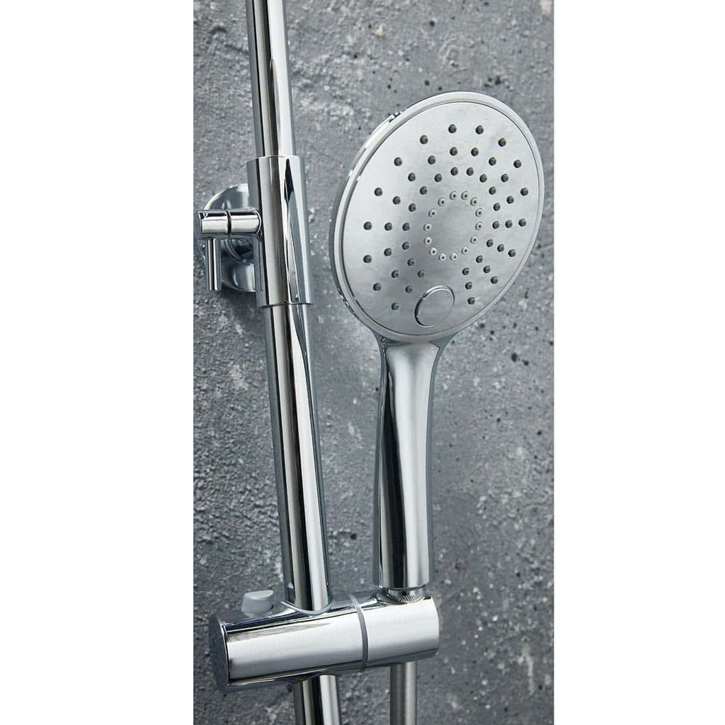 Bright chrome handheld shower head with adjustable rail, modern bathroom fixture for luxury shower experience, ideal for contemporary bathrooms, high-quality and durable design.