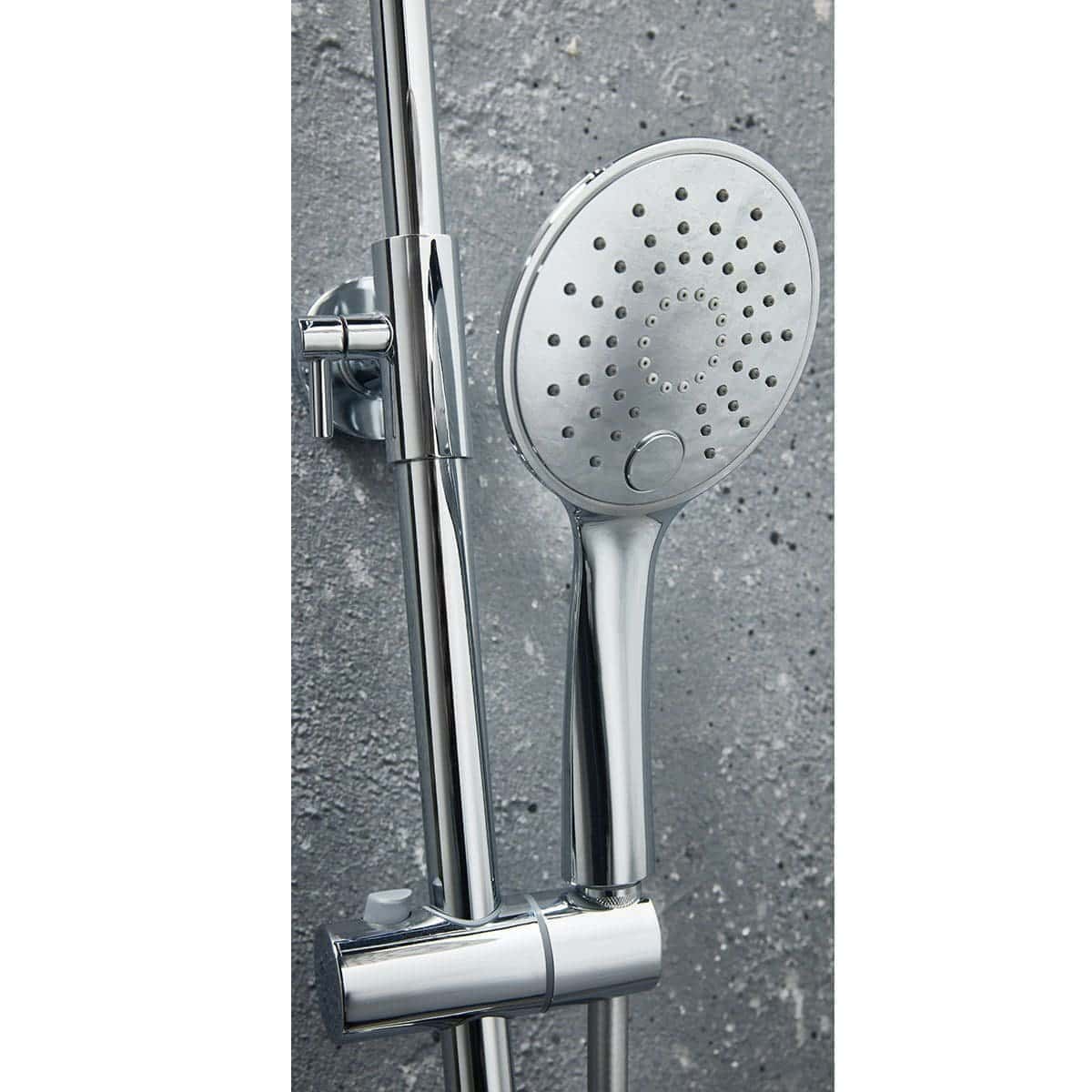 Bright chrome handheld shower head with adjustable rail, modern bathroom fixture for luxury shower experience, ideal for contemporary bathrooms, high-quality and durable design.