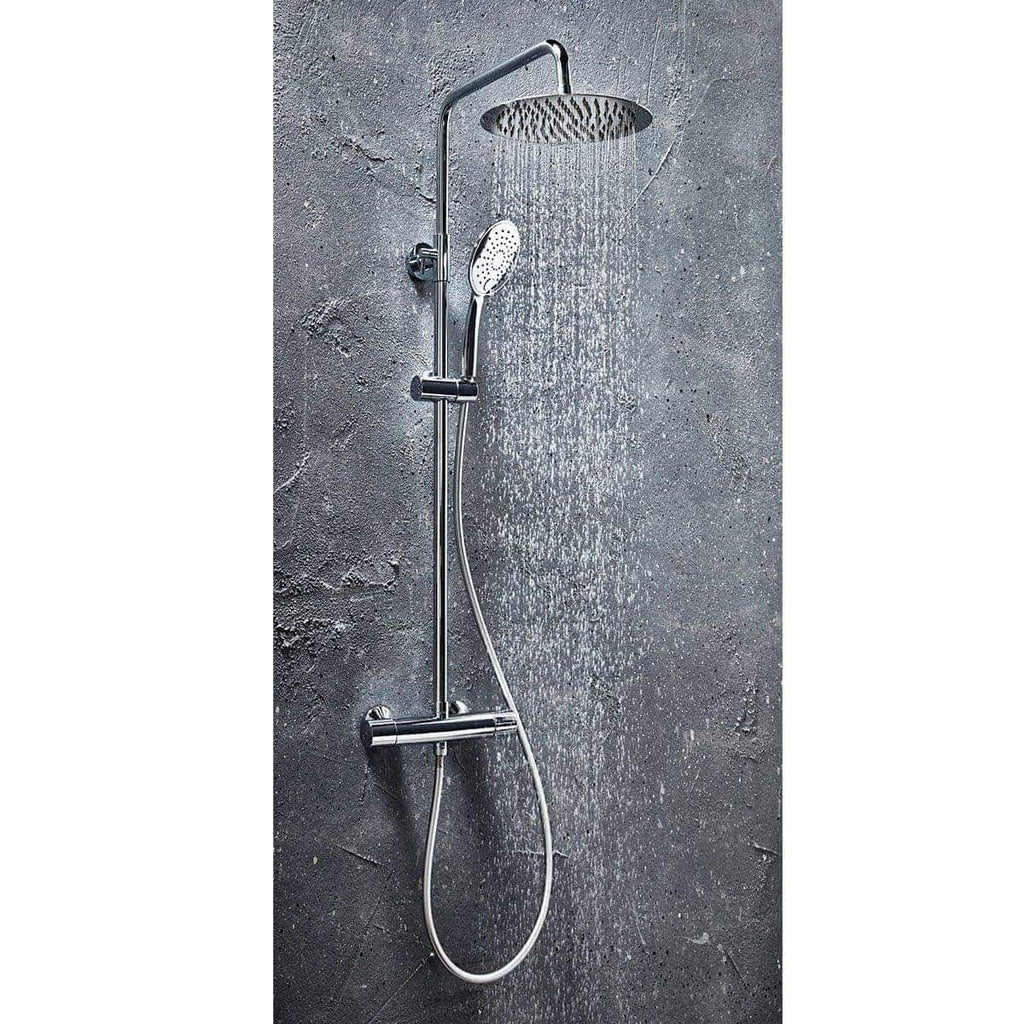 Shower system with a rainfall head and handheld attachment mounted on a stone-textured wall, ideal for modern bathroom bathrooms with premium fixtures.