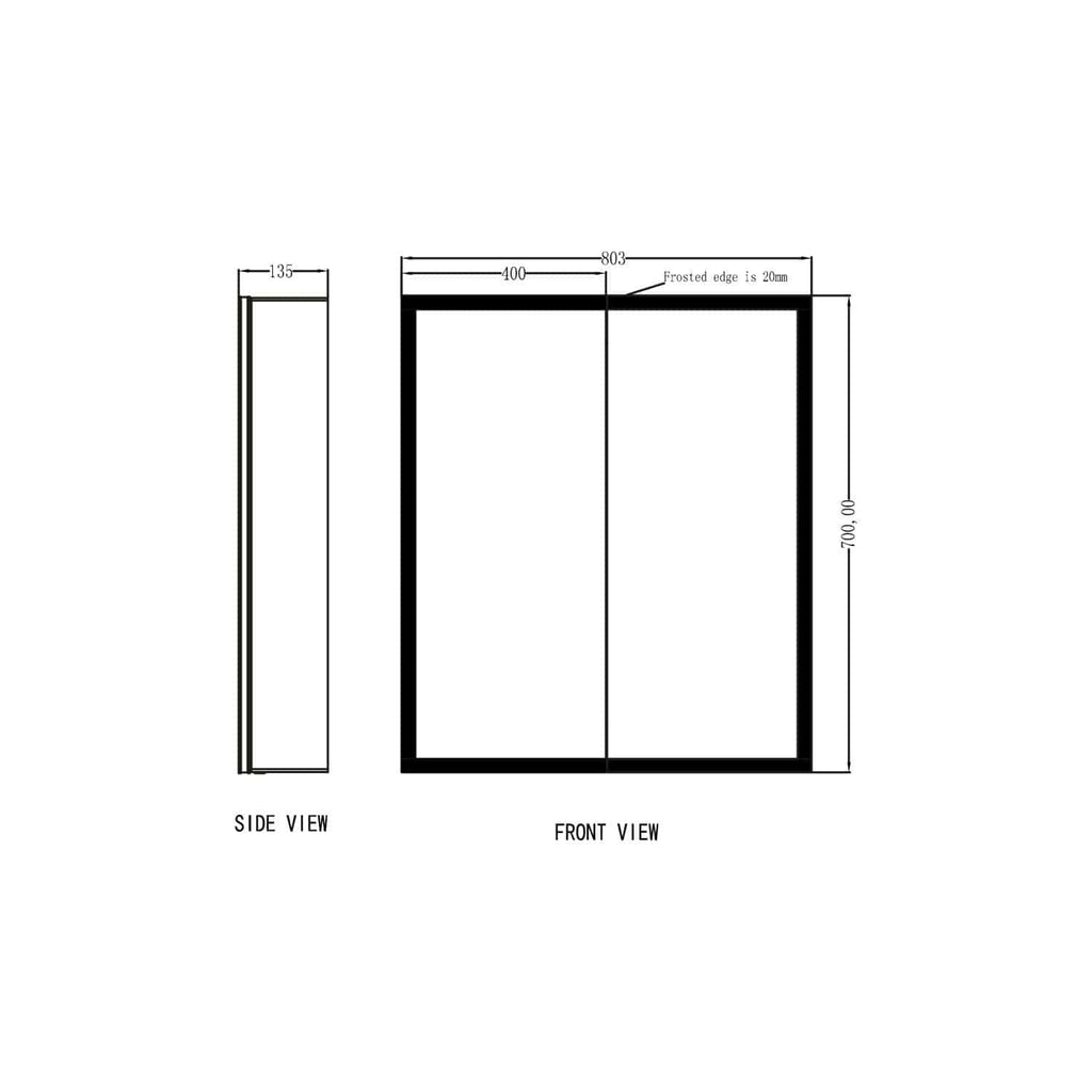High-quality technical bathroom shower enclosure drawing with precise dimensions and frosted edges, ideal for modern bathroom designs and installations.