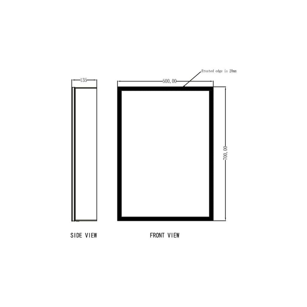 High-quality bathroom mirror design technical drawing with dimensions and frosted edges, ideal for modern bathroom renovations and custom cabinetry. Perfect for builders and interior designers.